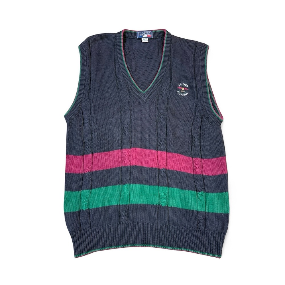 U.S. Open Golf Collection Sweater Vest Mens L Navy 1993 Baltusrol Cable Knit Vtg